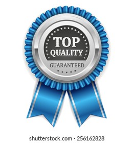 Silver Top Quality Badge With Blue Ribbon On White Background