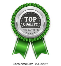 Silver Top Quality Badge With Green Ribbon On White Background