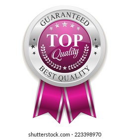Silver top quality badge with purple ribbon on white background