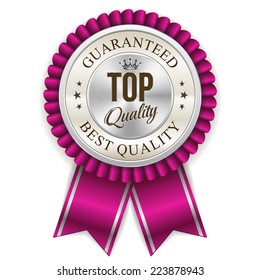 Silver top quality badge with purple ribbon on white background