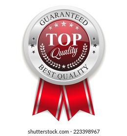 Silver top quality badge with red ribbon on white background
