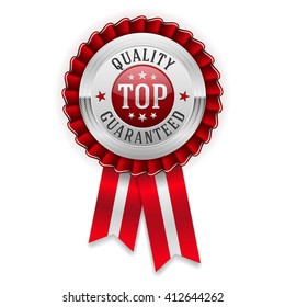 Silver top quality guaranteed badge, rosette with red ribbon