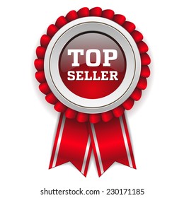 Silver top seller badge with red ribbon on white background