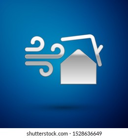 Silver Tornado swirl damages house roof icon isolated on blue background. Cyclone, whirlwind, storm funnel, hurricane wind icon.  Vector Illustration