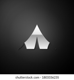 Silver Tourist tent icon isolated on black background. Long shadow style. Vector.