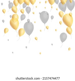 Silver Toy Background White Vector. Surprise Falling Illustration. Gold Ribbon Confetti. Helium Celebration Template.