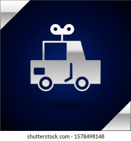 Silver Toy car icon isolated on dark blue background.  Vector Illustration
