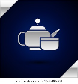 Silver Traditional Japanese tea ceremony icon isolated on dark blue background. Teapot with cup.  Vector Illustration