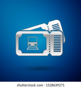 Silver Train ticket icon isolated on blue background. Travel by railway.  Vector Illustration