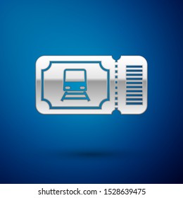 Silver Train ticket icon isolated on blue background. Travel by railway.  Vector Illustration