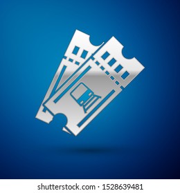 Silver Train ticket icon isolated on blue background. Travel by railway.  Vector Illustration