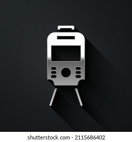 Silver Tram and railway icon isolated on black background. Public transportation symbol. Long shadow style. Vector
