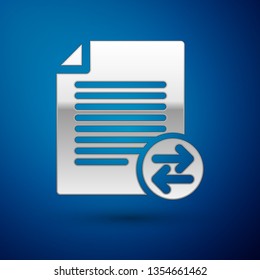 Silver Transfer files icon isolated on blue background. Copy files, data exchange, backup, PC migration, file sharing concepts. Vector Illustration