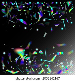 Silver Transparent Falling Particles. Blue, Purple, Green Celebration Background. Flying Holograph Confetti. Rainbow Tinsel. Holo Glam Effect Rainbow Lights.  Gradient Overlay Neon Foil Tinsel.