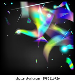 Silver Transparent Falling Particles.  Gradient Overlay Glare Foil Tinsel. Falling Holograph Confetti. Holo Glitch Effect Rainbow Bokeh. Blue, Purple, Green Celebration Background. Rainbow Tinsel.