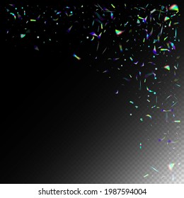 Silver Transparent Falling Particles. Falling Hologram Confetti.  Gradient Overlay Glare Foil Tinsel. Blue, Purple, Green Celebration Background. Holo Glam Effect Rainbow Lights. Rainbow Tinsel.