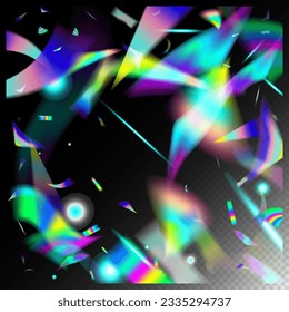 Silver Transparent Falling Particles. Rainbow Tinsel. Blue, Purple, Green Celebration Background. Holo Glitch Effect Rainbow Bokeh. Flying Holograph Confetti.  Gradient Overlay Vivid Foil Tinsel.