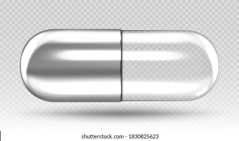 Silberdurchsichtige medizinische Kapsel einzeln auf transparentem Hintergrund. Vektorgrafik