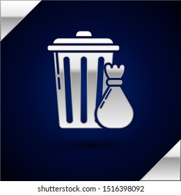 Silver Trash can and garbage bag icon isolated on dark blue background. Garbage bin sign. Recycle basket icon. Office trash icon.  Vector Illustration