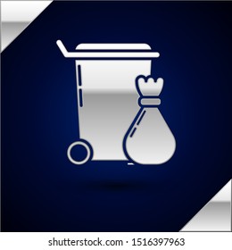 Silver Trash can icon isolated on dark blue background. Garbage bin sign. Recycle basket icon. Office trash icon.  Vector Illustration