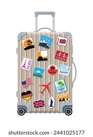 Silver travel bag. Plastic case with stickers. Trolley on wheels. Labels of countrys and citys all over the world. Baggage and luggage. Vector illustration in flat style