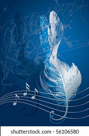 Silver treble clef in the form the bird's feather the blue background 