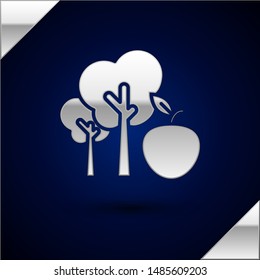 Silver Tree with apple icon isolated on dark blue background. Agricultural plant. Organic farm product. Gardening theme.  Vector Illustration