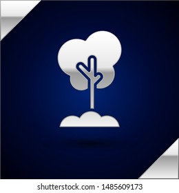 Silver Tree in the ground icon isolated on dark blue background. Forest symbol.  Vector Illustration