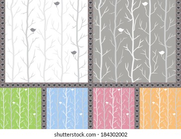 silver trees and birds. vector patterns