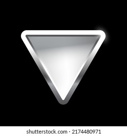 Silver Triangle Button With Frame Vector Illustration. 3d Steel Glossy Elegant Design For Empty Emblem, Medal Or Badge, Shiny And Gradient Light Effect On Plate Isolated On Black Background.