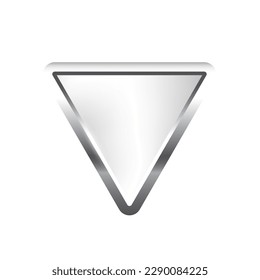 Silver triangle button with frame vector illustration. 3d steel glossy elegant design for empty emblem, medal or badge, shiny and gradient light effect on plate isolated on white background.