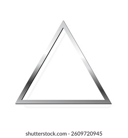 Silver triangle photo frame on white background. Steel game button. Blank space for picture, painting, card. 3d realistic chrome empty template vector illustration. Simple object mockup.