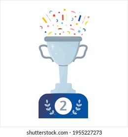 silver trophy. Cup 2 prize place. Winner symbol. Confetti in honor of the victory. Design element for applications, certificates, contests, competitions. Vector illustration. Flat.