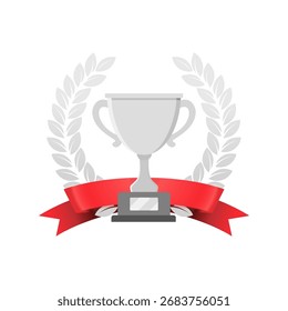 Silver trophy cup award with laurel wreath and red ribbon. Winner symbol icon vector illustration