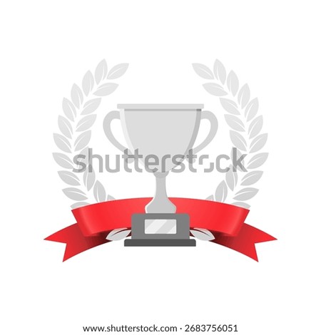 Silver trophy cup award with laurel wreath and red ribbon. Winner symbol icon vector illustration