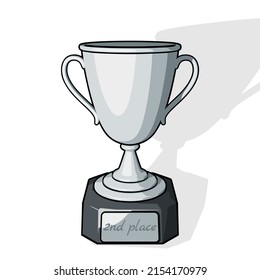 Silver trophy cup or champions cup with 2nd place text on silver plate. Vector illustration in comic cartoon style on a white background