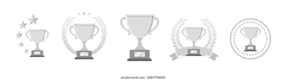 Silver trophy cup icon set. Award medals and badges. Winner symbol vector illustration