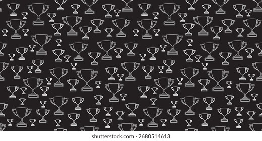 Copas de trofeo de plata dispuestas en un patrón sin fisuras sobre un fondo oscuro, que simbolizan el éxito, la victoria, la competencia y el diseño de logros festivos.