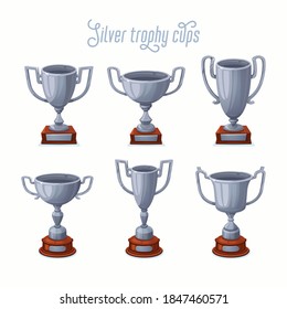 Silver trophy cups. Silver award cup set with different shapes - 2nd place winner trophies. Flat style vector illustration.