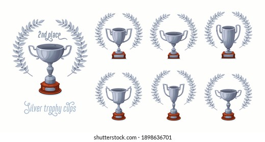 Silver trophy cups with laurel wreaths. Trophy award cups set with different shapes - 2nd place winner trophies. Cartoon style vector illustration.