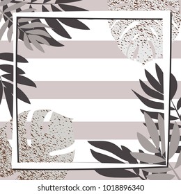 Silver tropical leaves with frame. Striped background. Vector illustration. eps 10