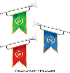 Silver trumpets with royal symbolics - fanfare for victorious, brass instruments