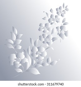 Silver twig sakura blossoms on grey background. Vector illustration