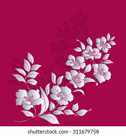 Silver twig sakura blossoms on red background. Vector illustration