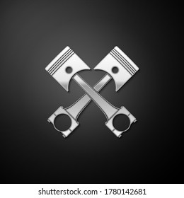 Silver Two crossed engine pistons icon isolated on black background. Long shadow style. Vector