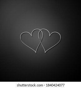 Icono Silver Two Linked Hearts aislado en fondo negro. Corazón dos amor. Símbolo romántico vinculado, unido, pasión y boda. Símbolo de San Valentín. Estilo de sombra larga. Vector.
