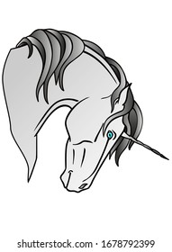 Silver unicorn with blue eyes - full color vector illustration. The head of a unicorn - a mythical beautiful, magical horse of silver color with a luxurious mane and horn.