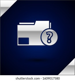 Silver Unknown document folder icon isolated on dark blue background. File with Question mark. Hold report, service and global search sign.  Vector Illustration