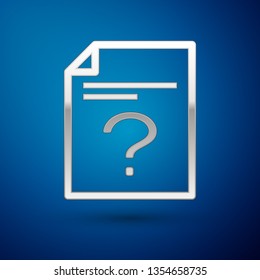 Silver Unknown document icon isolated on blue background. File with Question mark. Hold report, service and global search sign. Vector Illustration