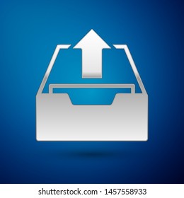 Silver Upload inbox icon isolated on blue background. Extract files from archive.  Vector Illustration